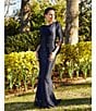Betsy & Adam Drape Back Detail 3/4 Cape Sleeve Draped Round Neck Metallic Crinkle Ruched Sheath Gown, Color:Navy/Royal - Image 6
