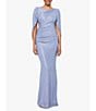 Color:Blue/Silver - Image 1 - Drape Back Detail 3/4 Cape Sleeve Draped Round Neck Metallic Crinkle Ruched Sheath Gown