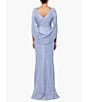 Color:Blue/Silver - Image 2 - Drape Back Detail 3/4 Cape Sleeve Draped Round Neck Metallic Crinkle Ruched Sheath Gown