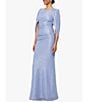 Color:Blue/Silver - Image 3 - Drape Back Detail 3/4 Cape Sleeve Draped Round Neck Metallic Crinkle Ruched Sheath Gown