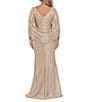Betsy & Adam Plus Size Draped Back 3/4 Cape Sleeve Round Neck Metallic Crinkled Ruched Sheath Gown, Color:Gold/Silver - Image 2
