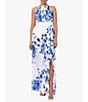 Color:White Blue - Image 1 - Floral Print Chiffon Halter Neck Sleeveless Cascading Ruffle Dress