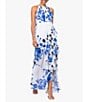 Color:White Blue - Image 3 - Floral Print Chiffon Halter Neck Sleeveless Cascading Ruffle Dress