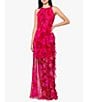 Color:Fuchsia/Poppy - Image 1 - Floral Print Halter Neck Sleeveless Cascading Ruffle Tie Back Dress