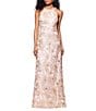 Betsy & Adam Floral Sequin Soutache Halter Sleeveless A-Line Gown, Color:Champagne - Image 1