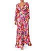 Betsy & Adam Floral V Neckline Long Sleeve Pleated Gown, Color:Multi - Image 1