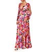 Betsy & Adam Floral V Neckline Long Sleeve Pleated Gown, Color:Multi - Image 3