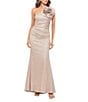 Betsy & Adam Glitter One Shoulder Neck Sleeveless Rosette Fit and Flare Gown, Color:White Pink Gold - Image 3