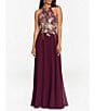 Color:Wine/Gold - Image 1 - Halter Neck Floral Embroidered Sleeveless Chiffon Gown