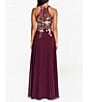 Color:Wine/Gold - Image 2 - Halter Neck Floral Embroidered Sleeveless Chiffon Gown