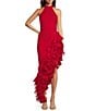 Color:Red - Image 1 - Halter Neck Asymmetrical Ruffle High-Low Gown