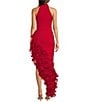 Color:Red - Image 2 - Halter Neck Asymmetrical Ruffle High-Low Gown