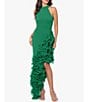 Color:Green - Image 3 - Halter Neck Asymmetrical Ruffle High-Low Gown