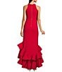 Color:Red - Image 2 - Round Neck Sleeveless Ruffle High-Low Stretch Crepe Gown