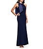 Betsy & Adam Halter Scuba Crepe Gown With Mikado Bow, Color:Navy - Image 3