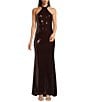 Betsy & Adam Halter Sequin Sheath Gown, Color:Burgundy - Image 1