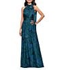 Betsy & Adam Halter Tie Neck Palm Print Shimmer Chiffon Sleeveless Maxi Dress, Color:Teal Multi - Image 1