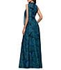Betsy & Adam Halter Tie Neck Palm Print Shimmer Chiffon Sleeveless Maxi Dress, Color:Teal Multi - Image 2