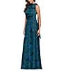 Betsy & Adam Halter Tie Neck Palm Print Shimmer Chiffon Sleeveless Maxi Dress, Color:Teal Multi - Image 3