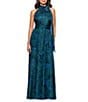 Betsy & Adam Halter Tie Neck Palm Print Shimmer Chiffon Sleeveless Maxi Dress, Color:Teal Multi - Image 4
