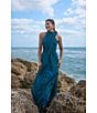 Betsy & Adam Halter Tie Neck Palm Print Shimmer Chiffon Sleeveless Maxi Dress, Color:Teal Multi - Image 7