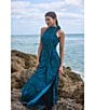 Betsy & Adam Halter Tie Neck Palm Print Shimmer Chiffon Sleeveless Maxi Dress, Color:Teal Multi - Image 8