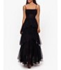 Color:Black - Image 5 - Illusion Tiered Ruffled Tulle Square Neck Mesh Sleeveless Gown