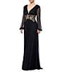Betsy & Adam Long Power Mesh Long Sleeve Metallic Applique Dress, Color:Black/Gold - Image 3