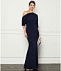 Betsy & Adam Scuba Crepe Asymmetric One Shoulder Short Sleeve Mermaid Gown, Color:Navy - Image 5