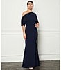 Betsy & Adam Scuba Crepe Asymmetric One Shoulder Short Sleeve Mermaid Gown, Color:Navy - Image 6