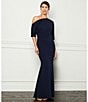 Betsy & Adam Scuba Crepe Asymmetric One Shoulder Short Sleeve Mermaid Gown, Color:Navy - Image 7