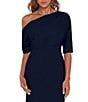 Betsy & Adam Scuba Crepe Asymmetric One Shoulder Short Sleeve Mermaid Gown, Color:Navy - Image 3