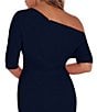 Betsy & Adam Scuba Crepe Asymmetric One Shoulder Short Sleeve Mermaid Gown, Color:Navy - Image 4