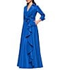 Betsy & Adam Long Sleeve Collar V Neck Taffeta Ballgown With Side Ruffle, Color:Ocean - Image 3
