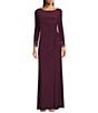 Betsy & Adam Long Sleeves With Beaded Embellishment Ruched Sheath Gown, Color:Wine - Image 5
