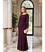 Betsy & Adam Long Sleeves With Beaded Embellishment Ruched Sheath Gown, Color:Wine - Image 10