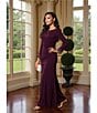 Betsy & Adam Long Sleeves With Beaded Embellishment Ruched Sheath Gown, Color:Wine - Image 12