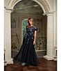 Betsy & Adam Mesh Short Sleeve Floral Sequin Embroidered A-Line Gown, Color:Navy Multi - Image 5