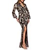 Betsy & Adam Metallic Crinkle Print V-Neck Long Sleeve Gown - Image 3