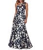 Betsy & Adam Metallic Floral One Shoulder Keyhole Sleeveless Gown, Color:Navy/Gold - Image 1