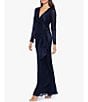 Color:Navy/Royal - Image 3 - Metallic Knit Surplice V-Neck Long Sleeve Side Ruffle Gown