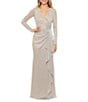 Betsy & Adam Metallic Knit V-Neck Long Sleeve A-Line Gown - Image 1