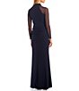 Color:Navy - Image 2 - Mock Neck Long Illusion Sleeve Ruffle Slit Leg Stretch Gown