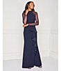 Color:Navy - Image 3 - Mock Neck Illusion Long Sleeve Ruffled Scuba Crepe Mesh Gown