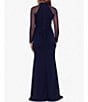 Color:Navy - Image 2 - Mock Neck Illusion Long Sleeve Ruffled Scuba Crepe Mesh Gown