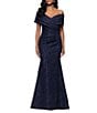 Betsy & Adam Off-The-Shoulder Cap Sleeve Stretch Jacquard Brocade Mermaid Gown, Color:Navy - Image 1