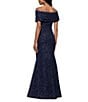 Betsy & Adam Off-The-Shoulder Cap Sleeve Stretch Jacquard Brocade Mermaid Gown, Color:Navy - Image 2
