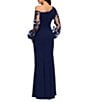 Betsy & Adam One Shoulder Asymmetrical Long Sleeve Faux Wrap Gown, Color:Navy - Image 2