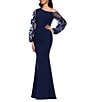 Betsy & Adam One Shoulder Asymmetrical Long Sleeve Faux Wrap Gown, Color:Navy - Image 3