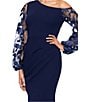 Betsy & Adam One Shoulder Asymmetrical Long Sleeve Faux Wrap Gown, Color:Navy - Image 4